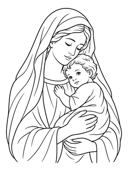 Gentle Mary cradles baby Jesus in this sweet nativity coloring page.