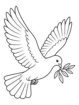 A peaceful flying dove with an olive branch in this nativity coloring page.