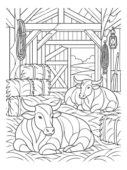 Resting cattle among hay bales in a rustic nativity coloring page stable scene.