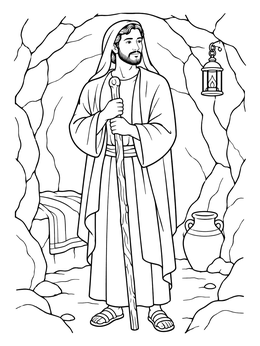 Saint Joseph inside a stone grotto on this detailed nativity coloring page.