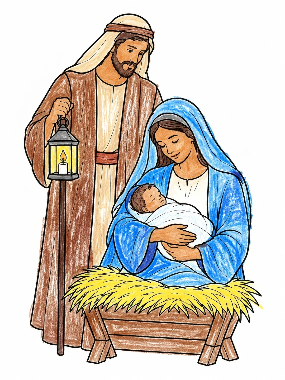 Colored example of the Nativity Scene With Mary, Joseph, And Baby Jesus coloring page