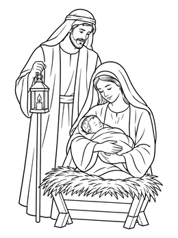 A peaceful nativity scene on this jesus coloring page showing Mary holding baby Jesus beside Joseph with a lantern.
