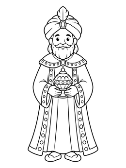 A friendly wise man stands holding a royal gift in this nativity coloring page.