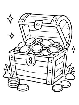 An open treasure chest filled with gold coins sparkles in this nativity coloring page.