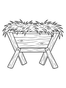 A simple wooden manger filled with soft straw in this nativity coloring page.