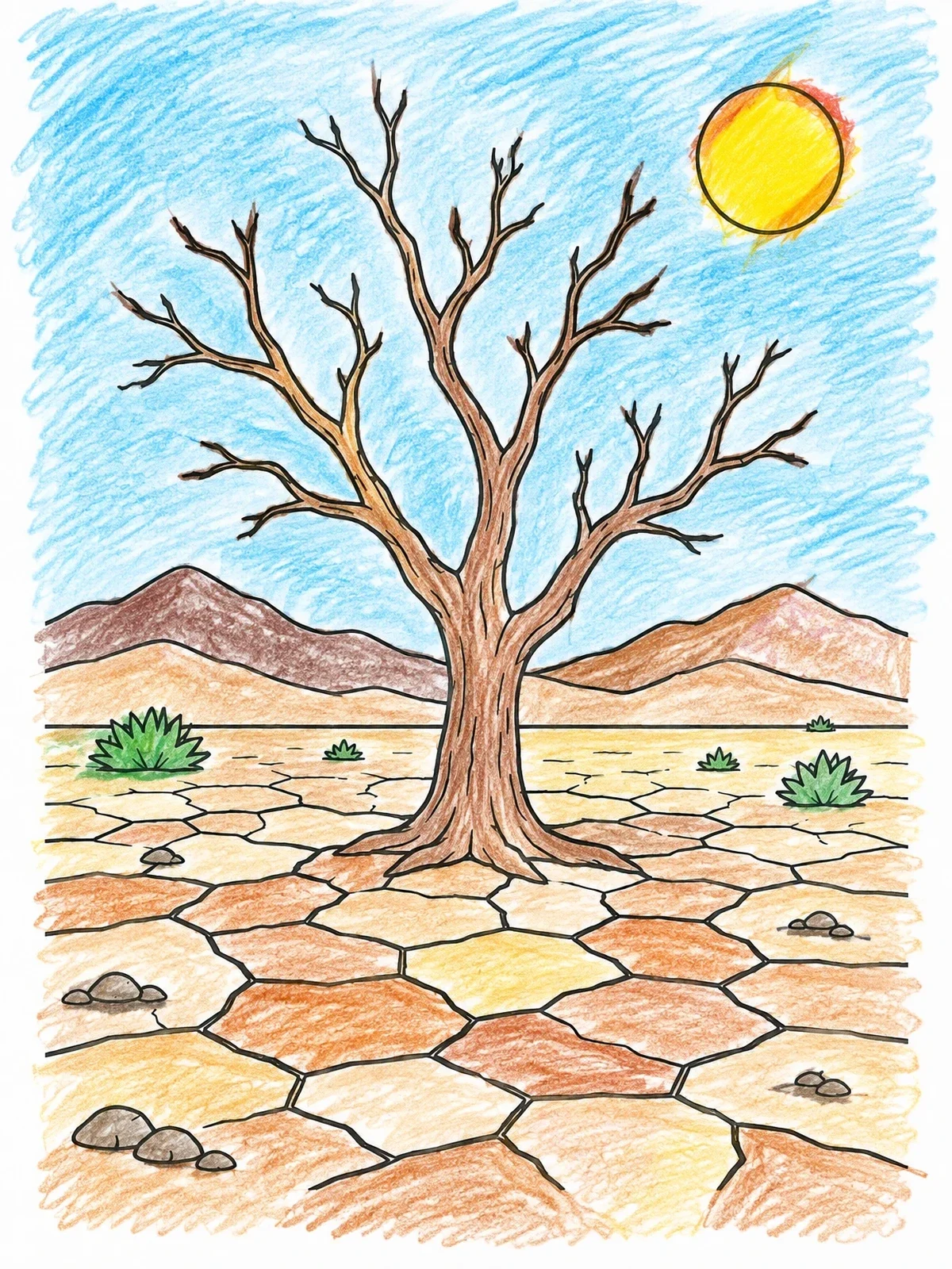 Colored example of the Drought Landscape With Bare Tree coloring page