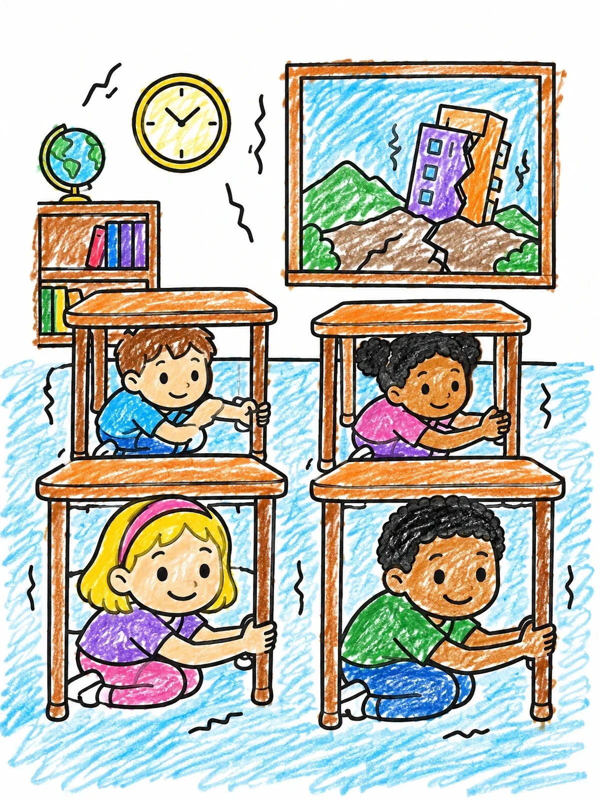 Colored example of the Earthquake Safety Drill In Classroom coloring page