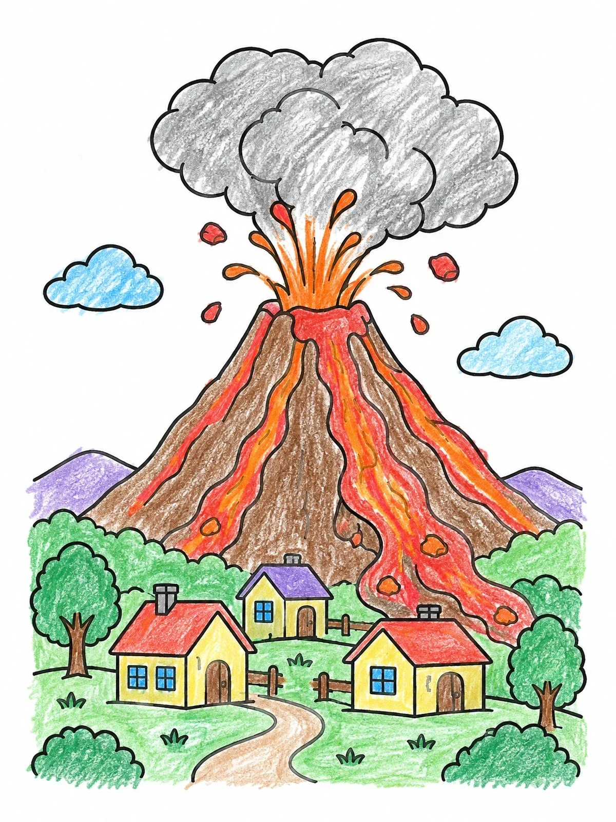 Colored example of the Erupting Volcano Over Small Village coloring page