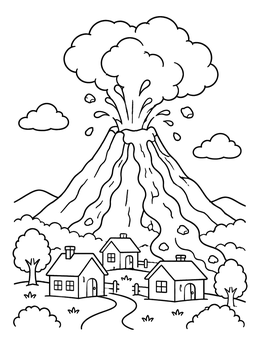 Free printable Erupting Volcano Over Small Village coloring page