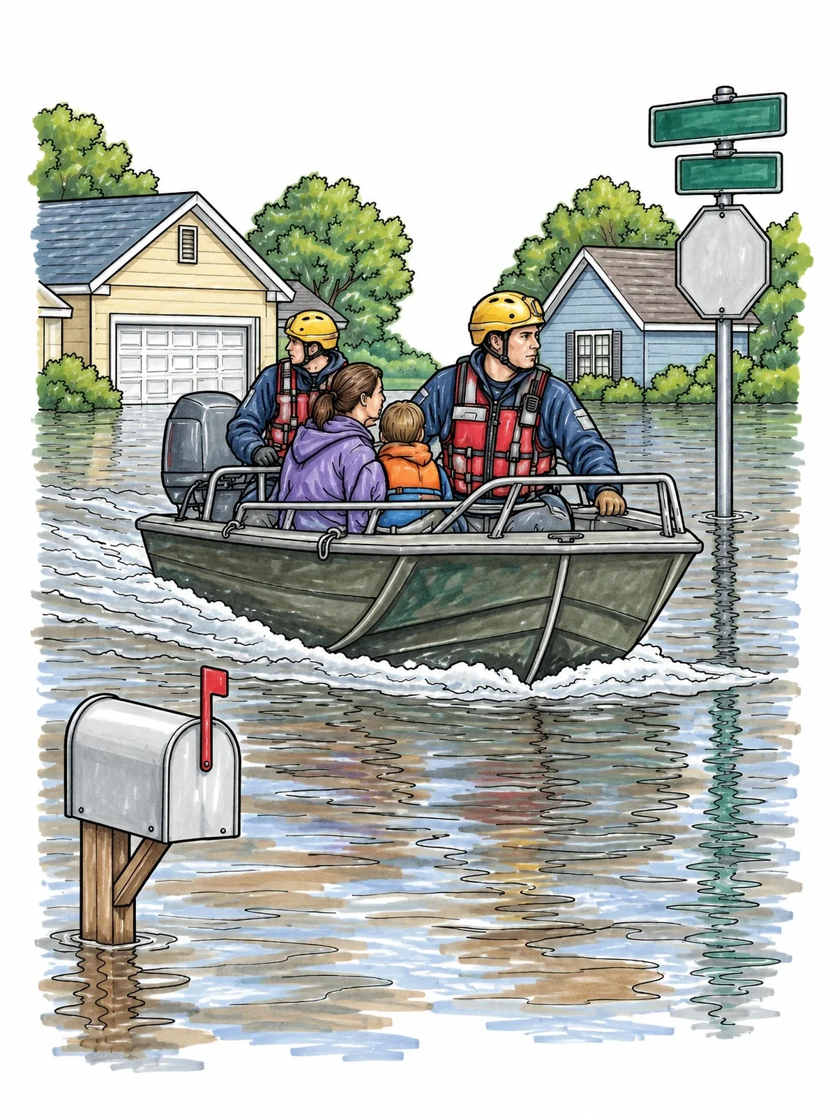 Colored example of the Rescue Boat On Flooded Suburban Street coloring page