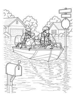 Free printable Rescue Boat On Flooded Suburban Street coloring page