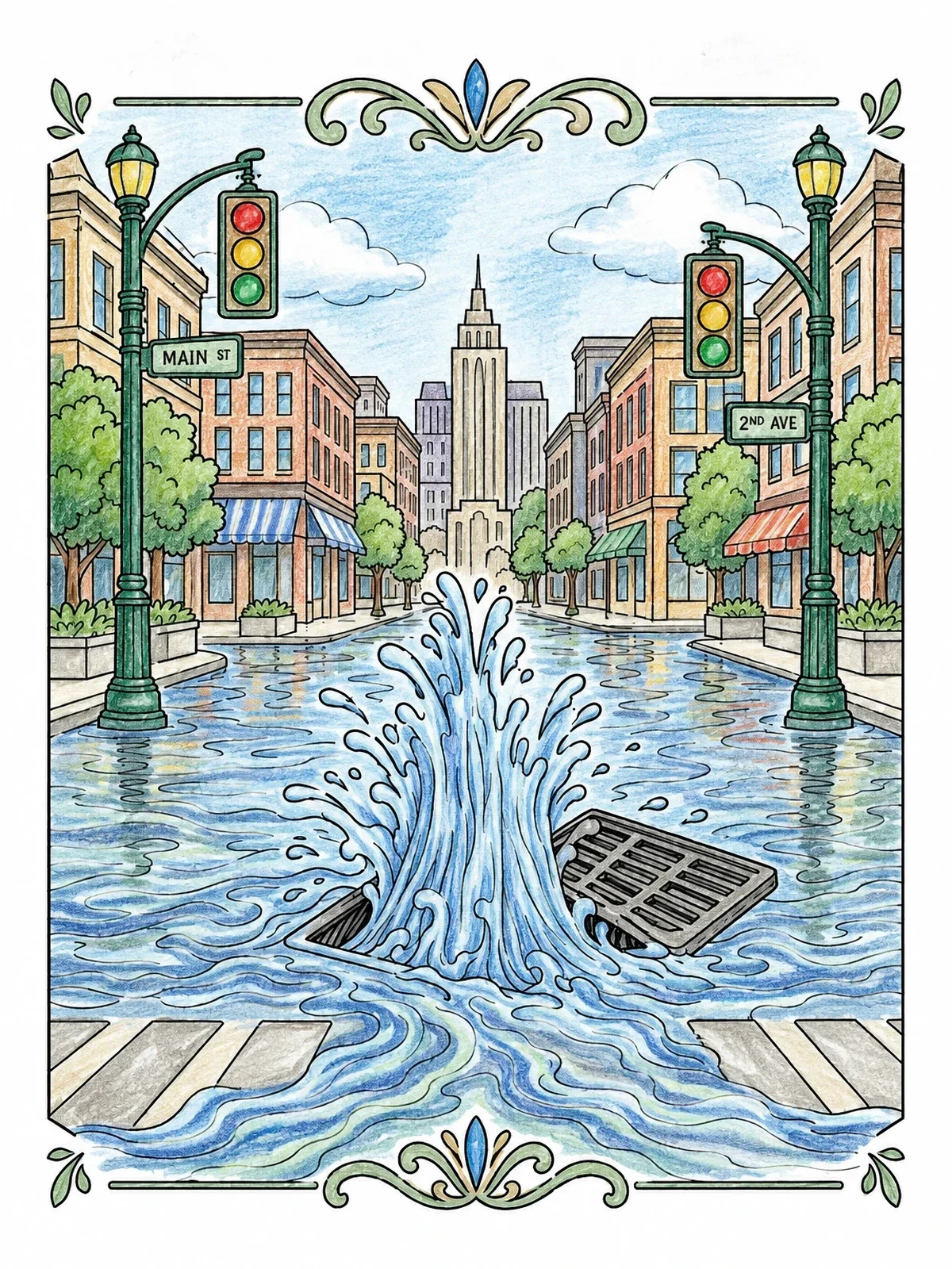 Colored example of the Flooded City Street Storm Drain coloring page
