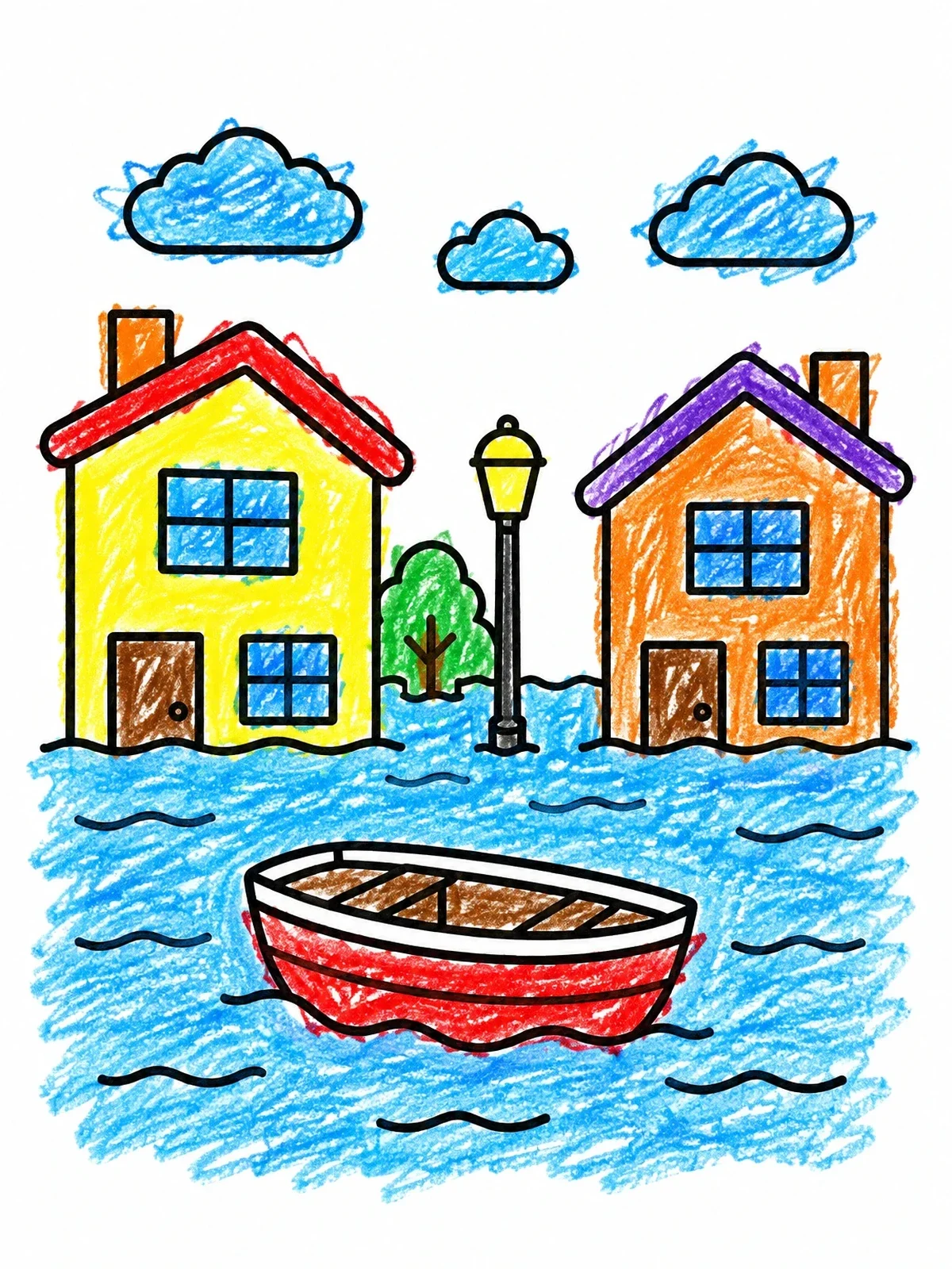 Colored example of the Flooded Town Street With Boat coloring page