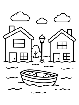 Free printable Flooded Town Street With Boat coloring page
