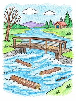 Rushing Floodwater Beneath Wooden Bridge – Natural Disaster Coloring Page
