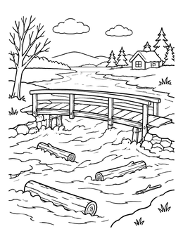 Free printable Rushing Floodwater Beneath Wooden Bridge coloring page