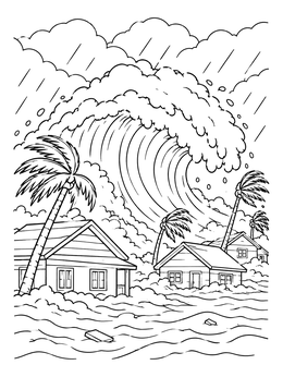 Free printable Tsunami Crashing Over Coastal Houses coloring page
