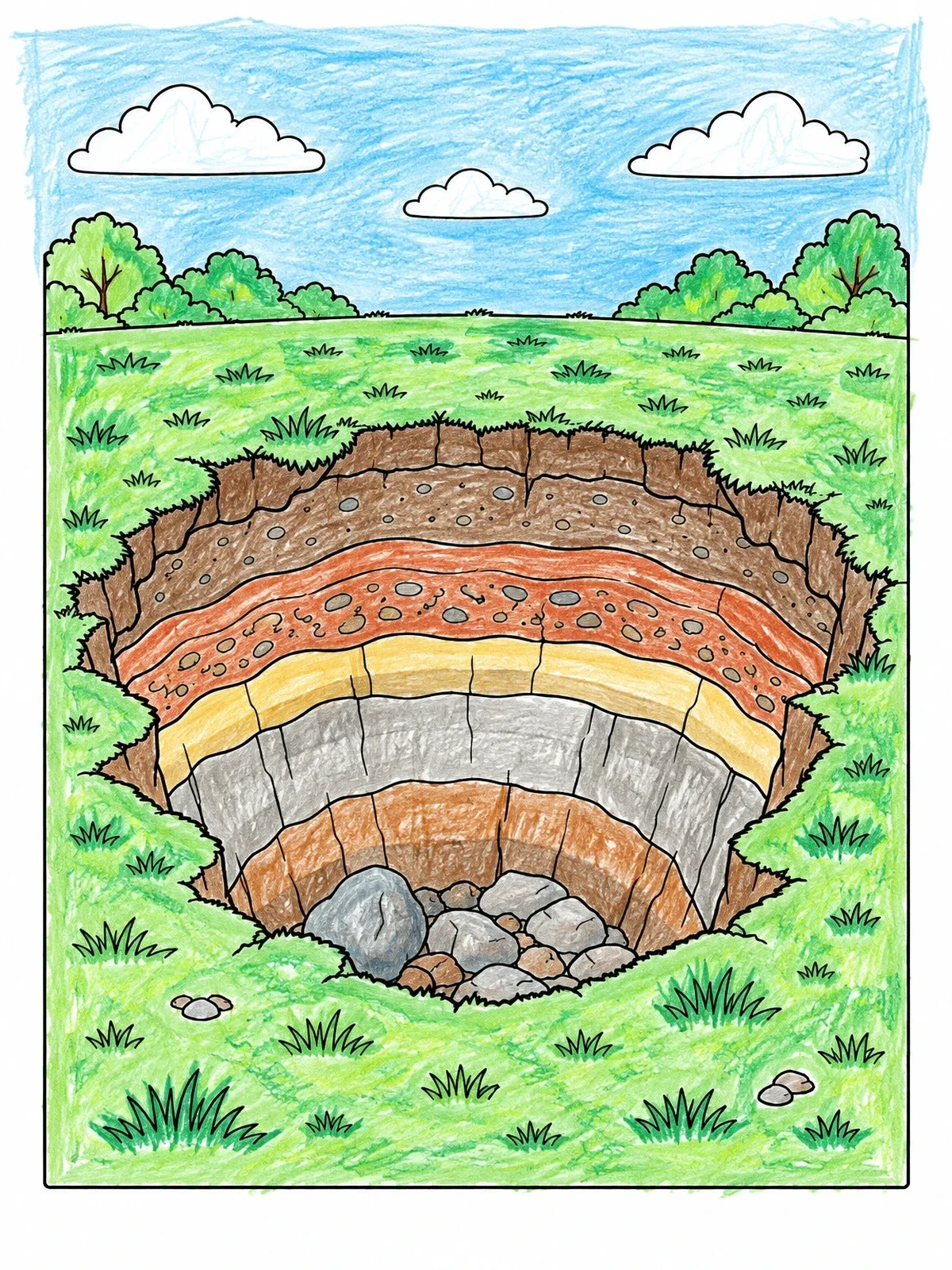 Colored example of the Massive Sinkhole In A Field coloring page