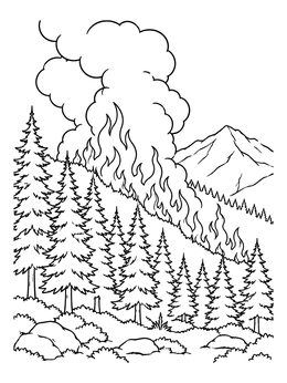 Free printable Mountain Wildfire And Pine Forest coloring page