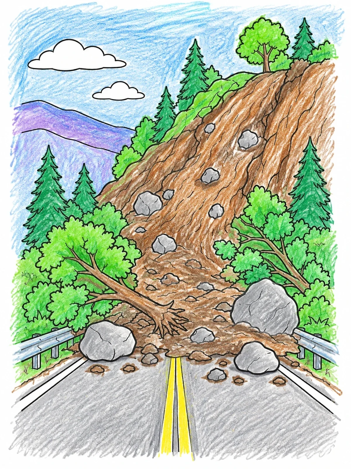 Colored example of the Mudslide Blocking Mountain Road coloring page
