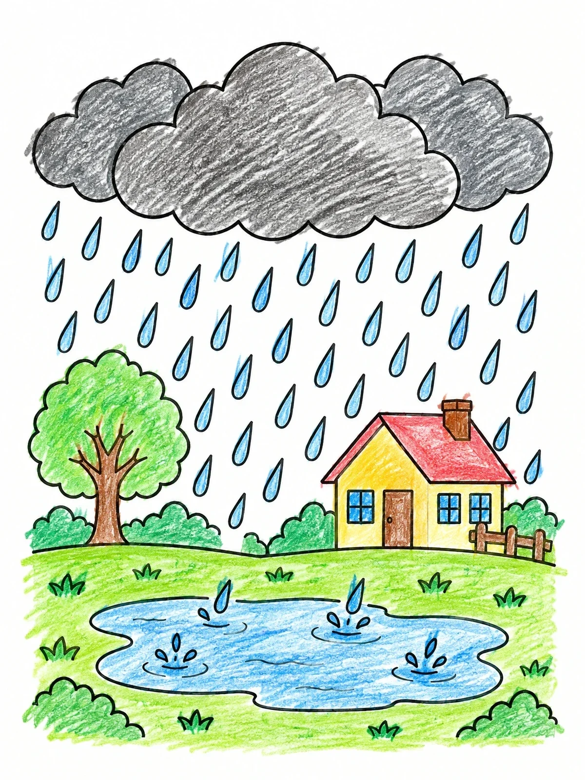 Colored example of the Heavy Rainstorm Over A Cozy House coloring page