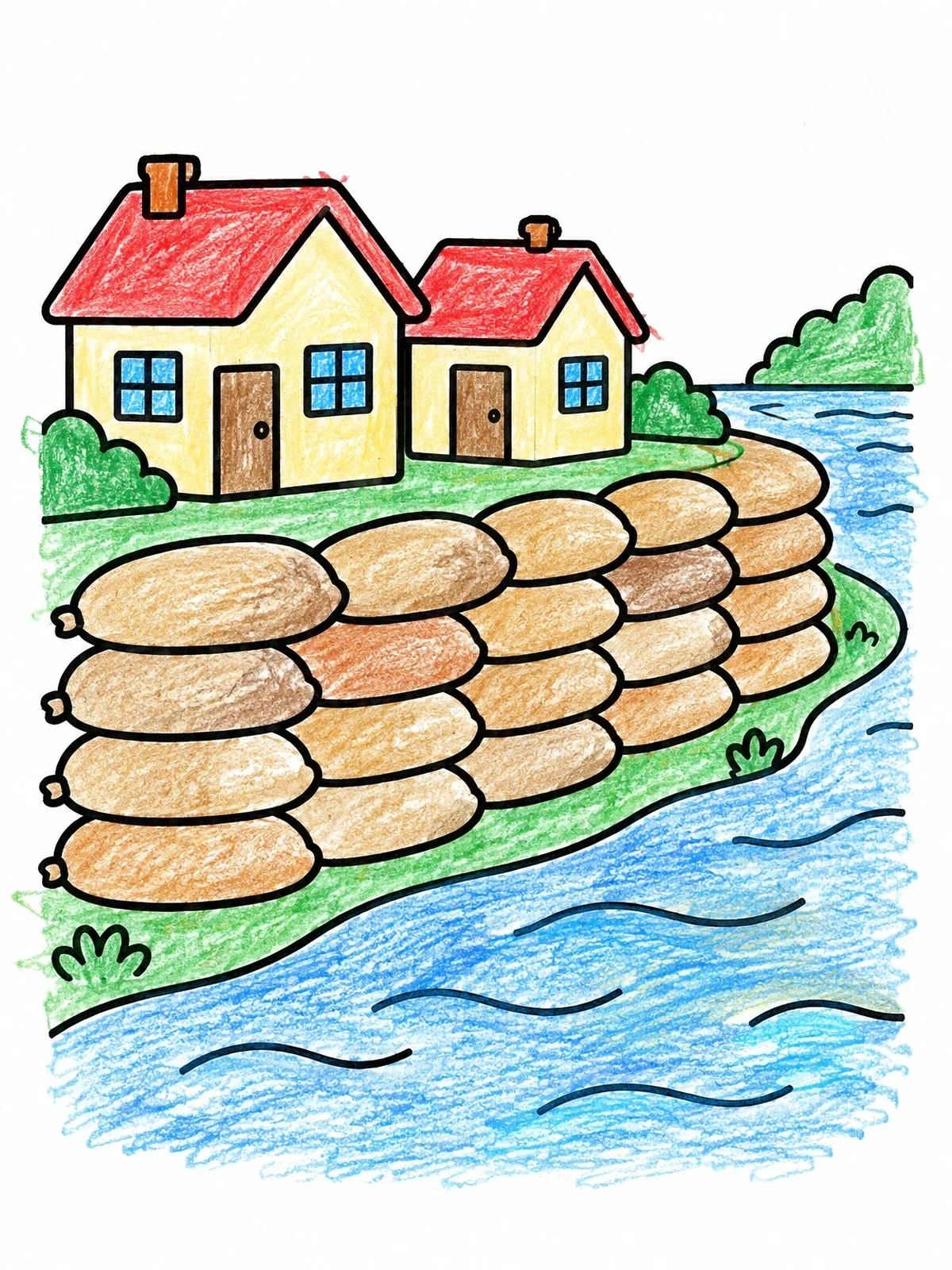 Colored example of the Sandbag Barrier Protecting Houses coloring page