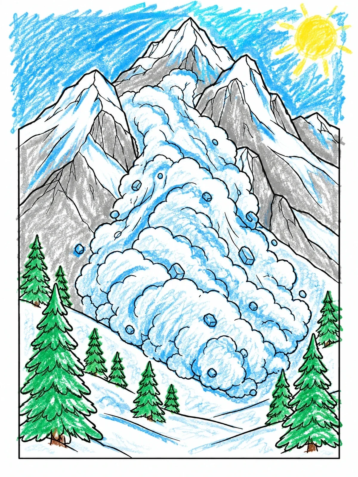 Colored example of the Massive Mountain Snow Avalanche coloring page