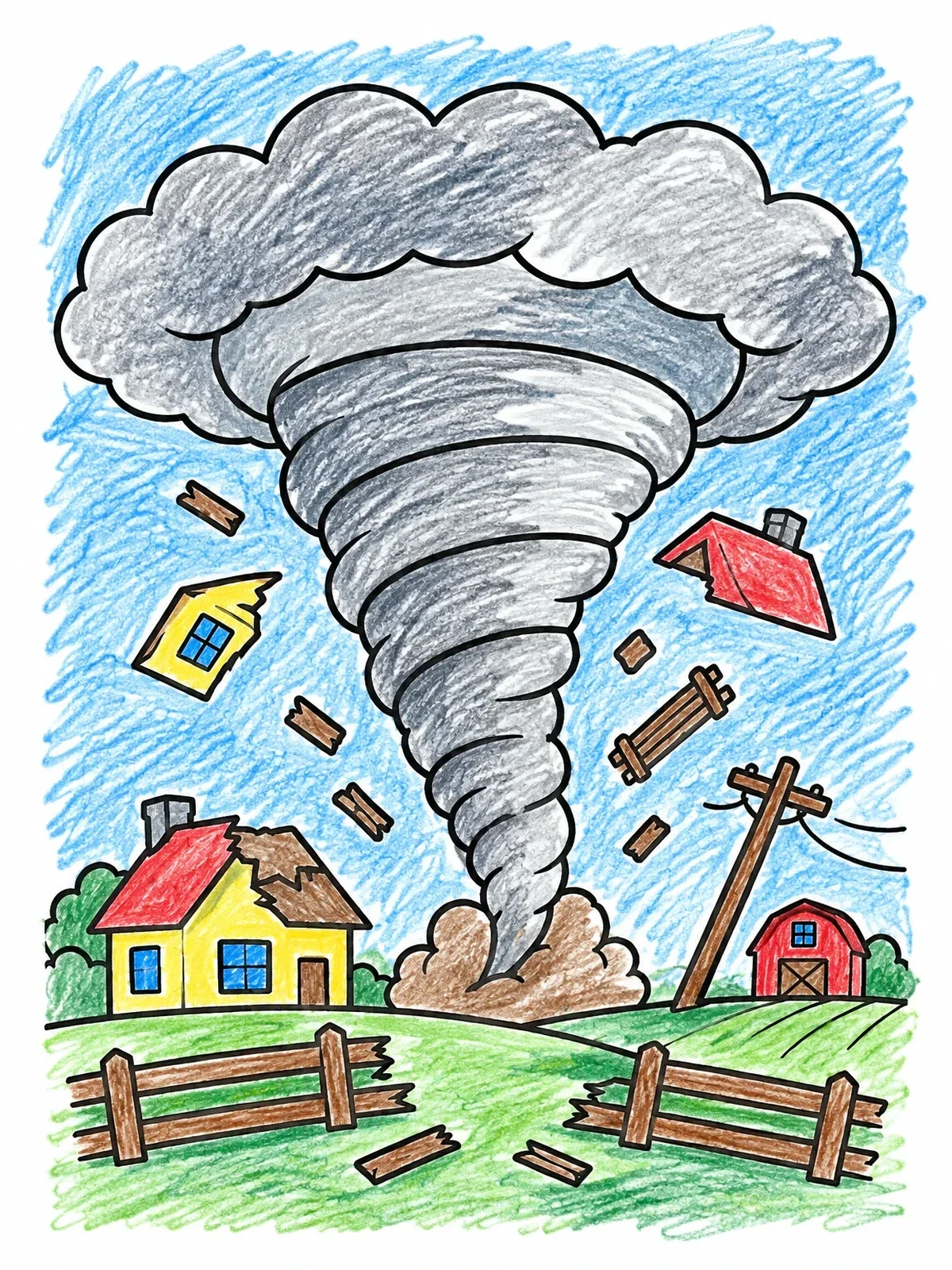 Colored example of the Tornado Sweeping Over Farmland coloring page