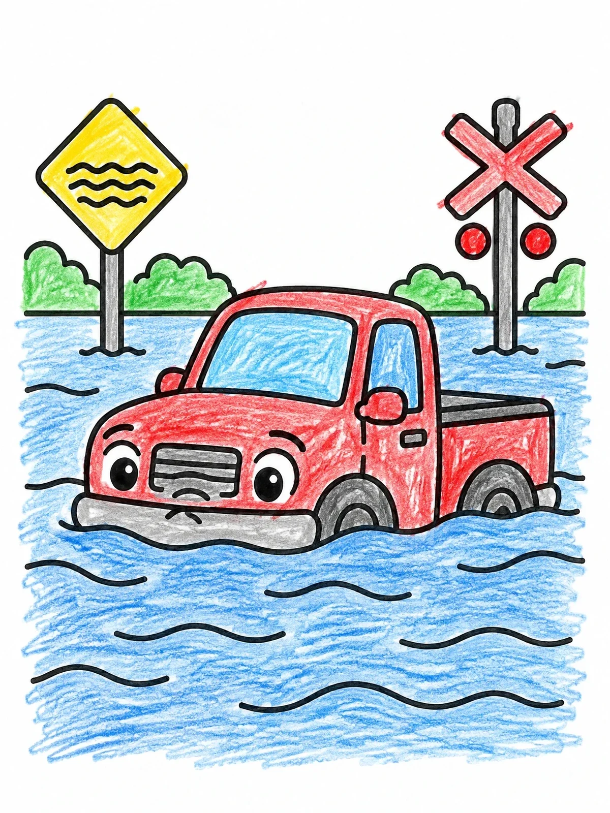 Colored example of the Truck Stranded In Deep Floodwater coloring page