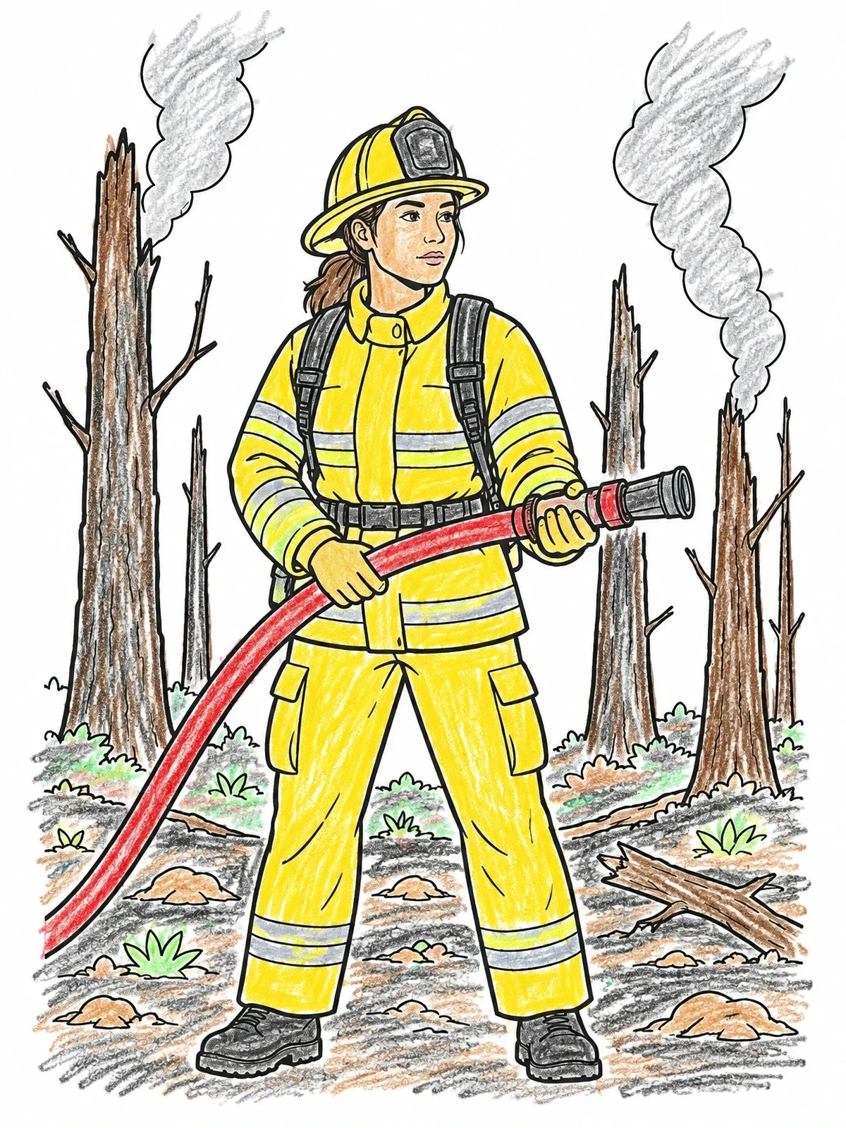 Colored example of the Wildfire Firefighter With Hose Line coloring page