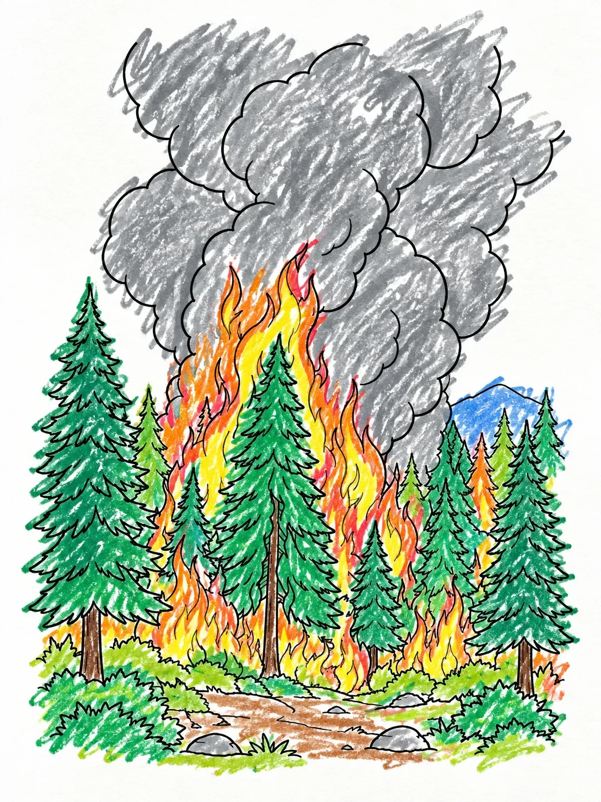 Colored example of the Wildfire In Pine Forest coloring page