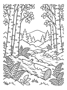 Free printable Birch Forest River Landscape coloring page