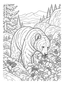 A black bear explores berry bushes in this detailed nature coloring page.