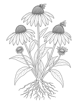 Blooming coneflowers with bees and root system in a botanical nature coloring page.