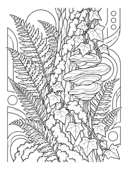 Detailed ferns, ivy, and tree bark fungi feature in this botanical nature coloring page.