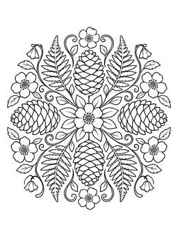 A nature coloring page featuring a circular mandala of pinecones, ferns, and flowers.