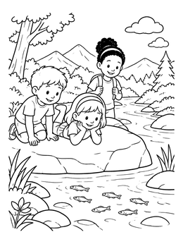 Free printable Children Watching Fish By River coloring page