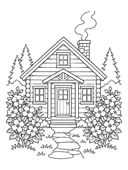 A nature coloring page featuring a cozy wooden cabin surrounded by blooming shrubs and pine trees.