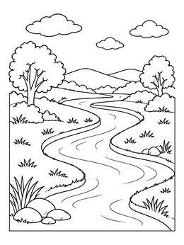 Curving River Landscape with Trees coloring page
