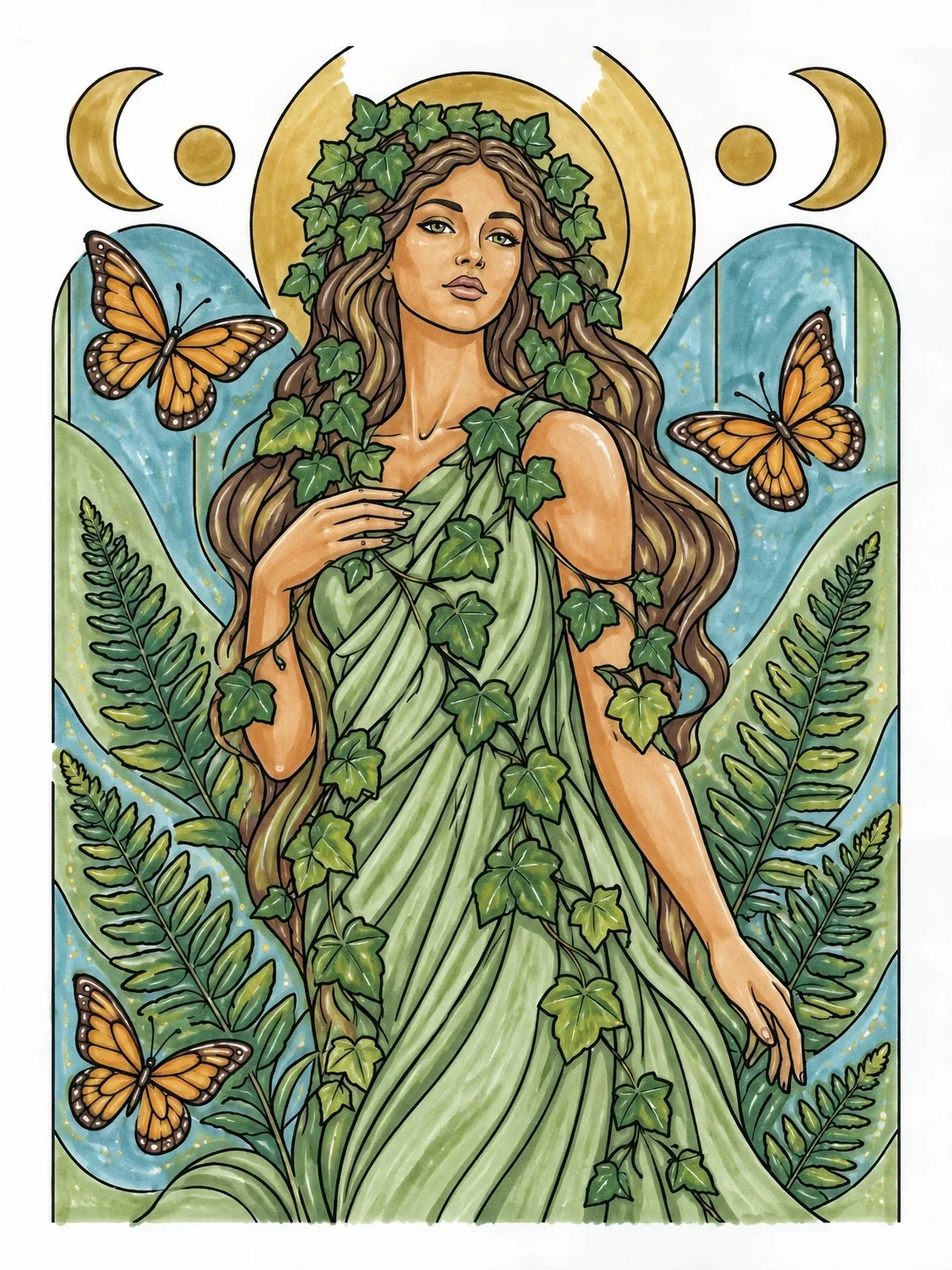 Colored example of the Nature Goddess With Ferns And Butterflies coloring page