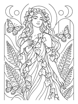 Detailed nature goddess coloring page surrounded by ivy leaves, ferns, and flying butterflies.