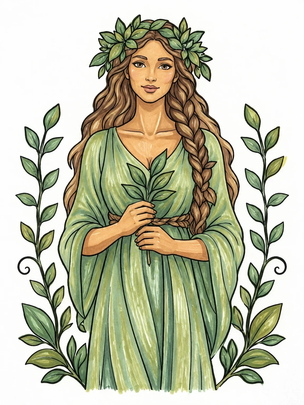 Colored example of the Serene Nature Goddess With Leaf Crown coloring page