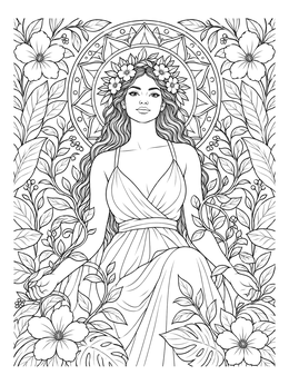 Serene goddess coloring page featuring a crowned deity among blooming vines and leaves.