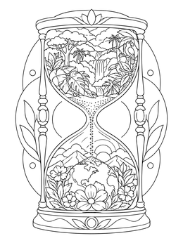 An earth day coloring page showing an ornate hourglass with a lush rainforest and planet Earth inside.