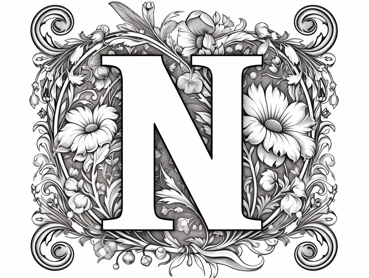 Nature Inspired Letter N Mandala - Coloring Page