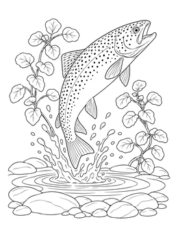 A spotted trout leaps from a river with watercress in this nature coloring page.