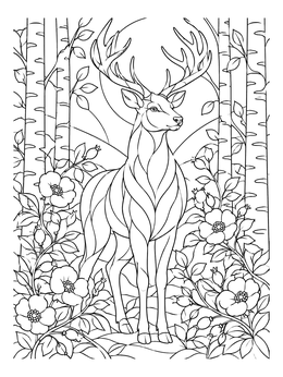 A nature coloring page showing a noble stag surrounded by birch trees and wild roses.