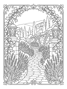 Stone pathway flanked by blooming lavender stalks in a nature coloring page.