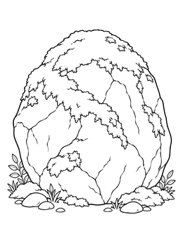 A large mossy stone sits among forest greenery in this nature coloring page.