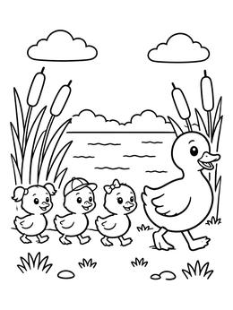A mother duck leading ducklings by a pond in this nature coloring page.